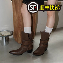 牛皮版~真皮粗跟尖头棕色短靴刺绣西部牛仔靴女废土风中筒骑士靴