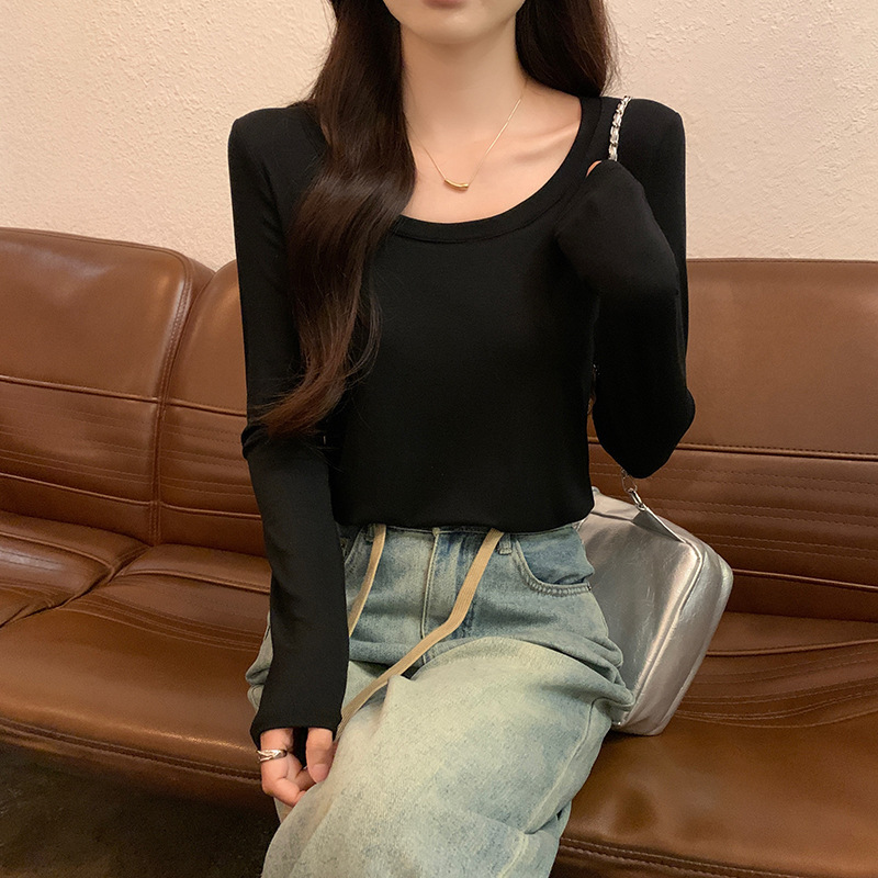 春秋长袖纯棉打底衫女2025新款修身基础款低圆领内搭正肩t恤上衣|undefined