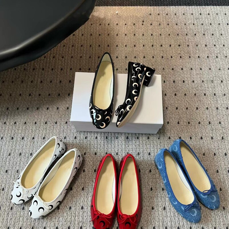 Guangzhou High-End Design Crescent-Shaped Ballet Round-Toe Printed Shallow Bowknot Mid-Heel Commuter Women's Shoes