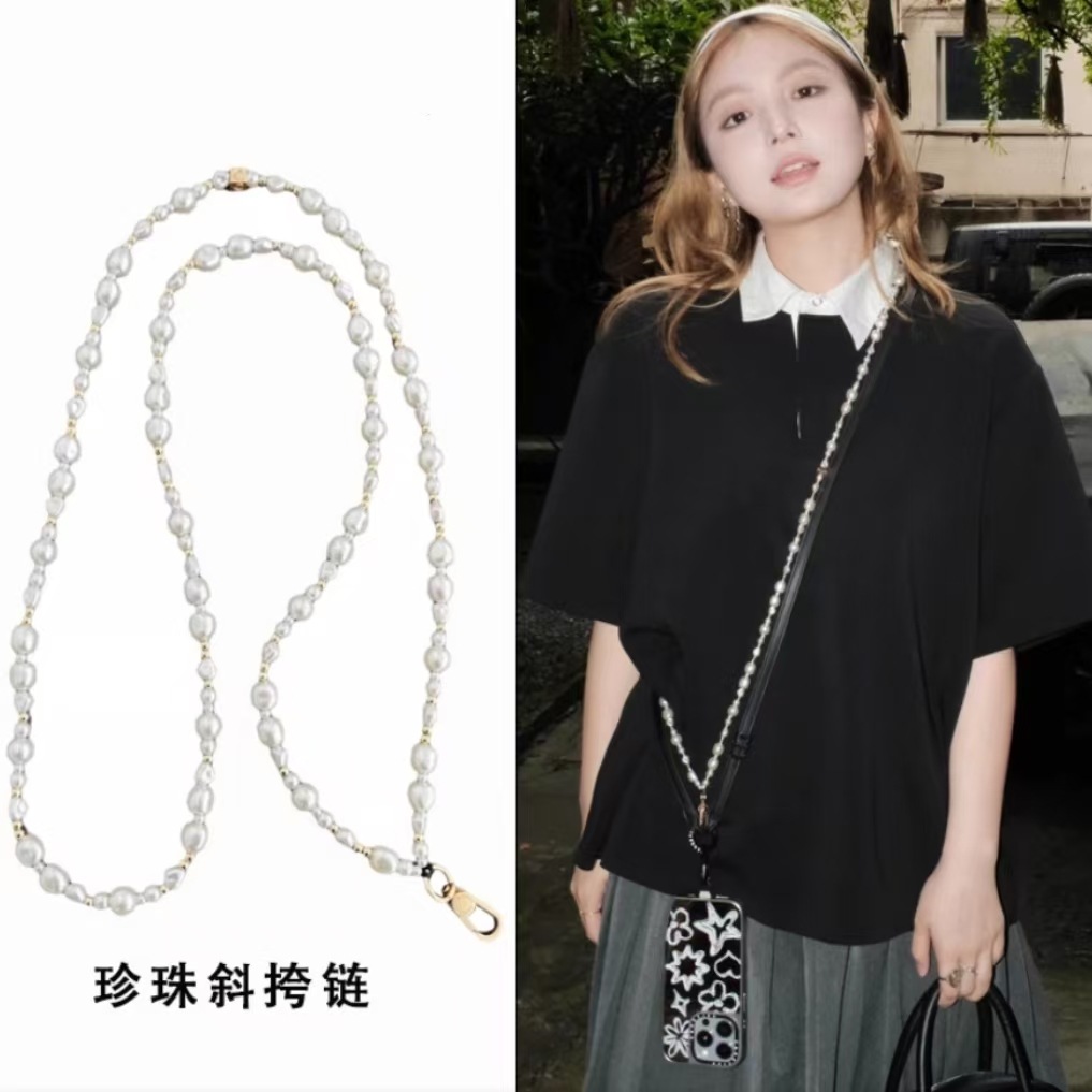 Japan and South Korea C Little Red Riding Book INS Wind Butterfly Love Silver White Pearl Bear Anti-Lost Dianting Pendant Long Mobile Phone Chain