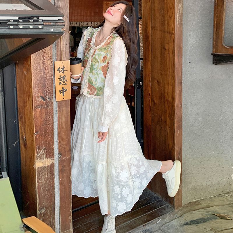 提花马甲刺绣连衣裙两件套2025春秋新款甜美减龄法式仙女套装裙子|undefined