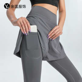 新款瑜伽裤女高腰假两件收腹健身长裤速干外穿紧身跑步运动裤跨境