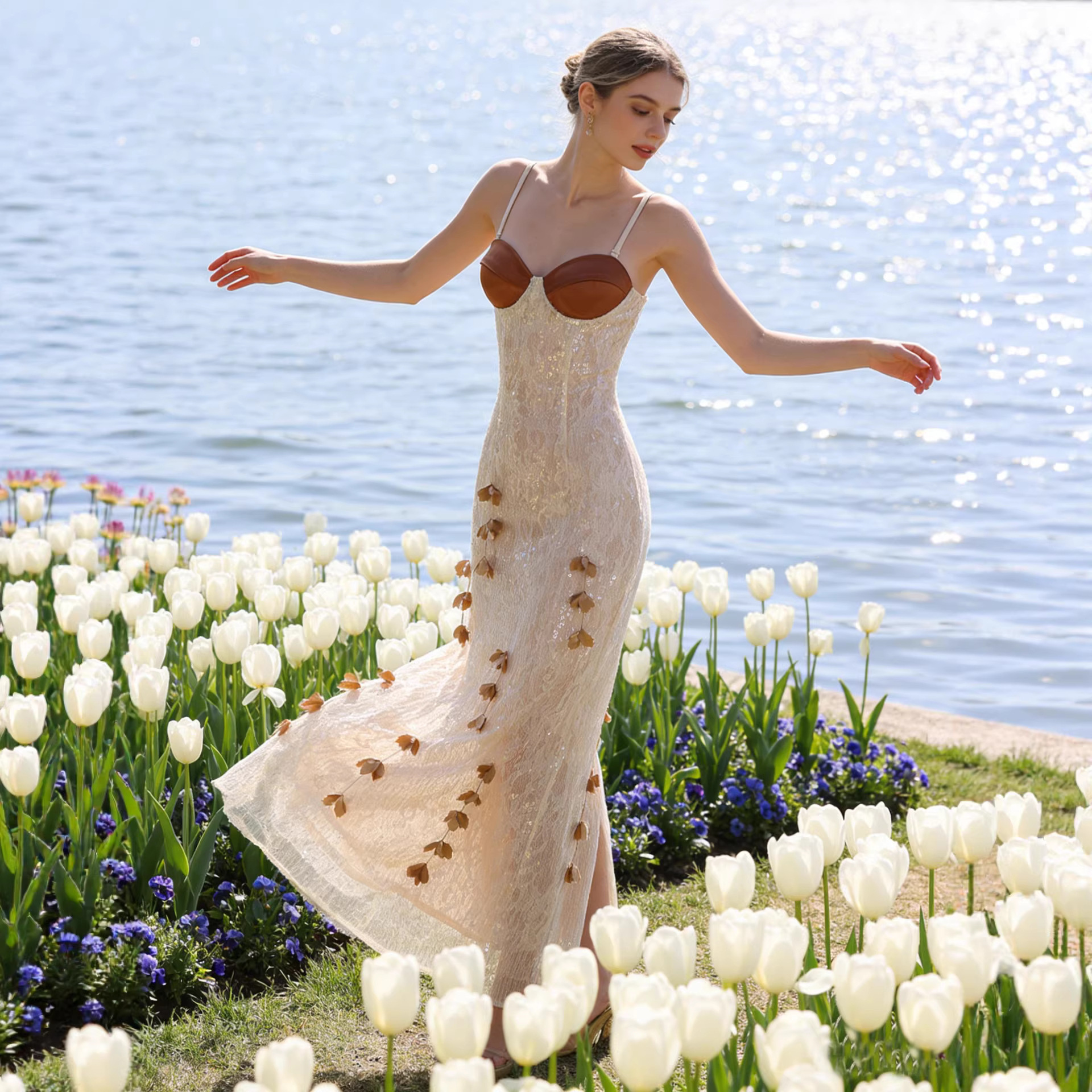 French Evening Dress High-End Light Luxury Niche Strapless Tube Top Sequin Long Dress Three-Dimensional Floral Gown Cross-Border Dress