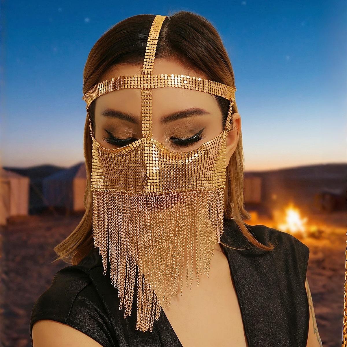 Exotic Style Headpiece Veil with Golden Shiny Sequins, Chain Tassels, Face Chain, Face Mask, Nightclub Performance Accessory