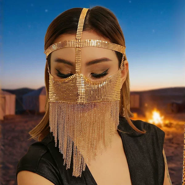 Exotic Style Headpiece Veil with Golden Shiny Sequins, Chain Tassels, Face Chain, Face Mask, Nightclub Performance Accessory