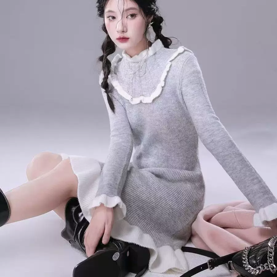 小立领花边毛织连衣裙