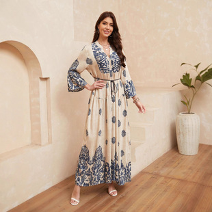 Independent Site Muslim Middle Eastern Dress Cross-Border Amazon Ethnic Style Cotton and Linen Printed Large Size Belt Dress