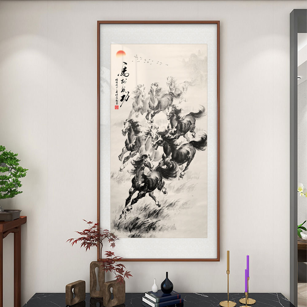 八骏图竖版马到成功国画入户玄关装饰画万马奔腾客厅壁画书房挂画