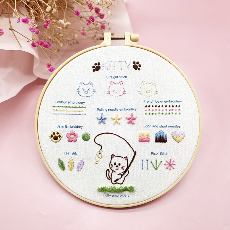 Kit de Bordado Luzhou para Principiantes, Instrucciones en Inglés de Amazon, Diseño de Gato y Cesta de Flores, Tela de Práctica para Niños image 8