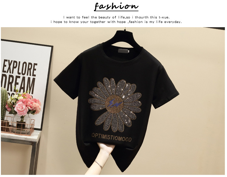 Women's Oversized Cotton T-shirt With Daisy Diamond Detail_voghion.com