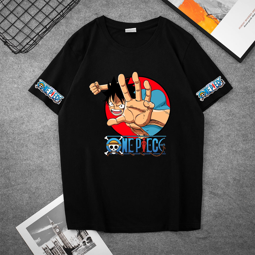 海贼王短袖路飞乔巴卡通简约印花T恤夏季时尚休闲宽松落肩款女装