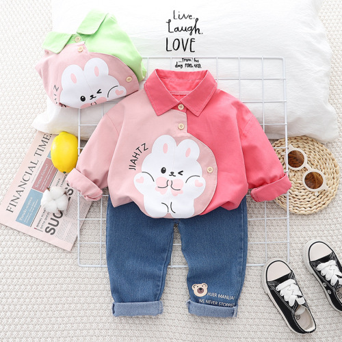 Girls' Spring and Autumn Suit Little Girl Baby Cartoon Rabbit Shirt Jeans Two-piece Set Infant and Toddler Fashion Western Style