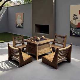 实木围炉煮茶小方桌老榆木茶桌茶台家用餐桌户外庭院火锅烧烤桌