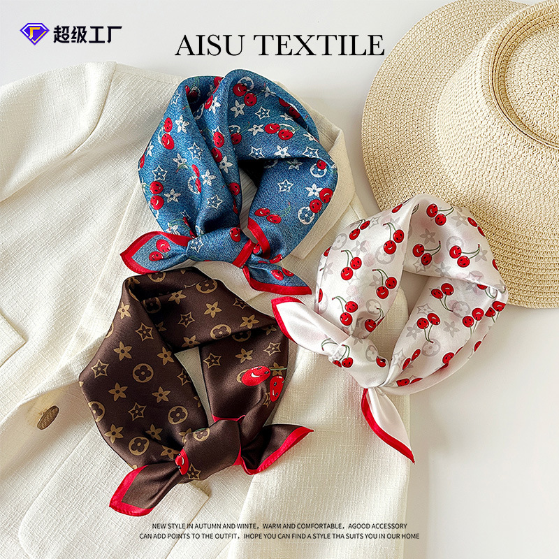Premium Silk Satin Scarf Ethnic Style Cherry Print Square Neck Scarf Vintage Summer Silk Handkerchief For Women