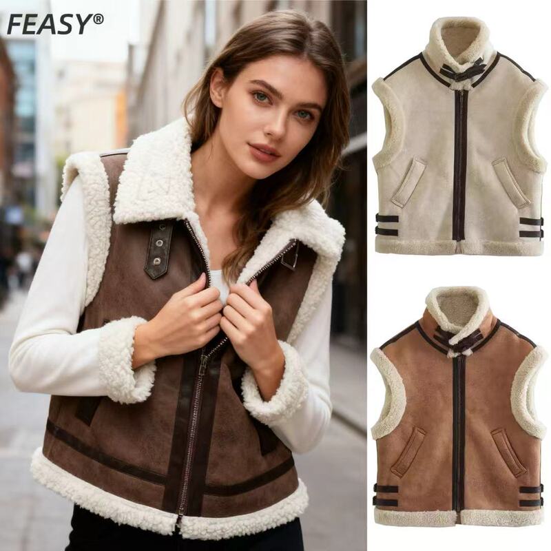 Aliexpress Cross-Border Export European and American Clothing 2025 Autumn and Winter New Fur Integrated Fleece Splicing Vest Vest Aliexpress Cross-Border Export European and American Clothing 2025 Autumn and Winter New Fur Integrated Fleece Splicing Vest Vest