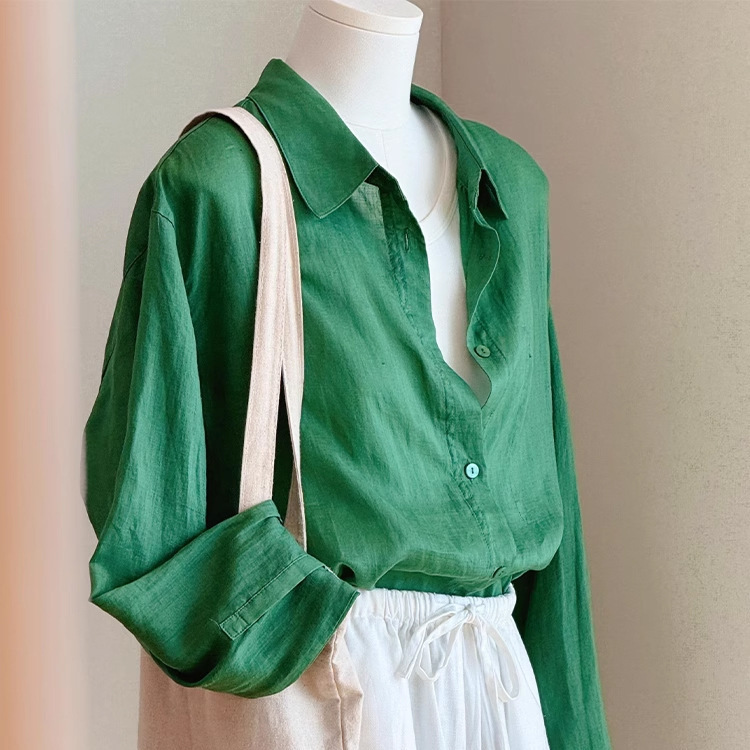 LYX good things to share! Vintage Forest Green Linen Cotton Linen Shirt Women's Summer 2025 Outer Sunscreen Top