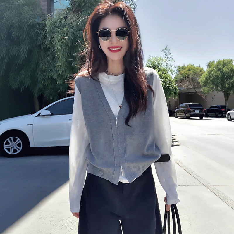 Korean-Style Early Autumn Thin Knitwear for Women 2026 New Popular Knit Vest Base Shirt V-Neck Trendy Top