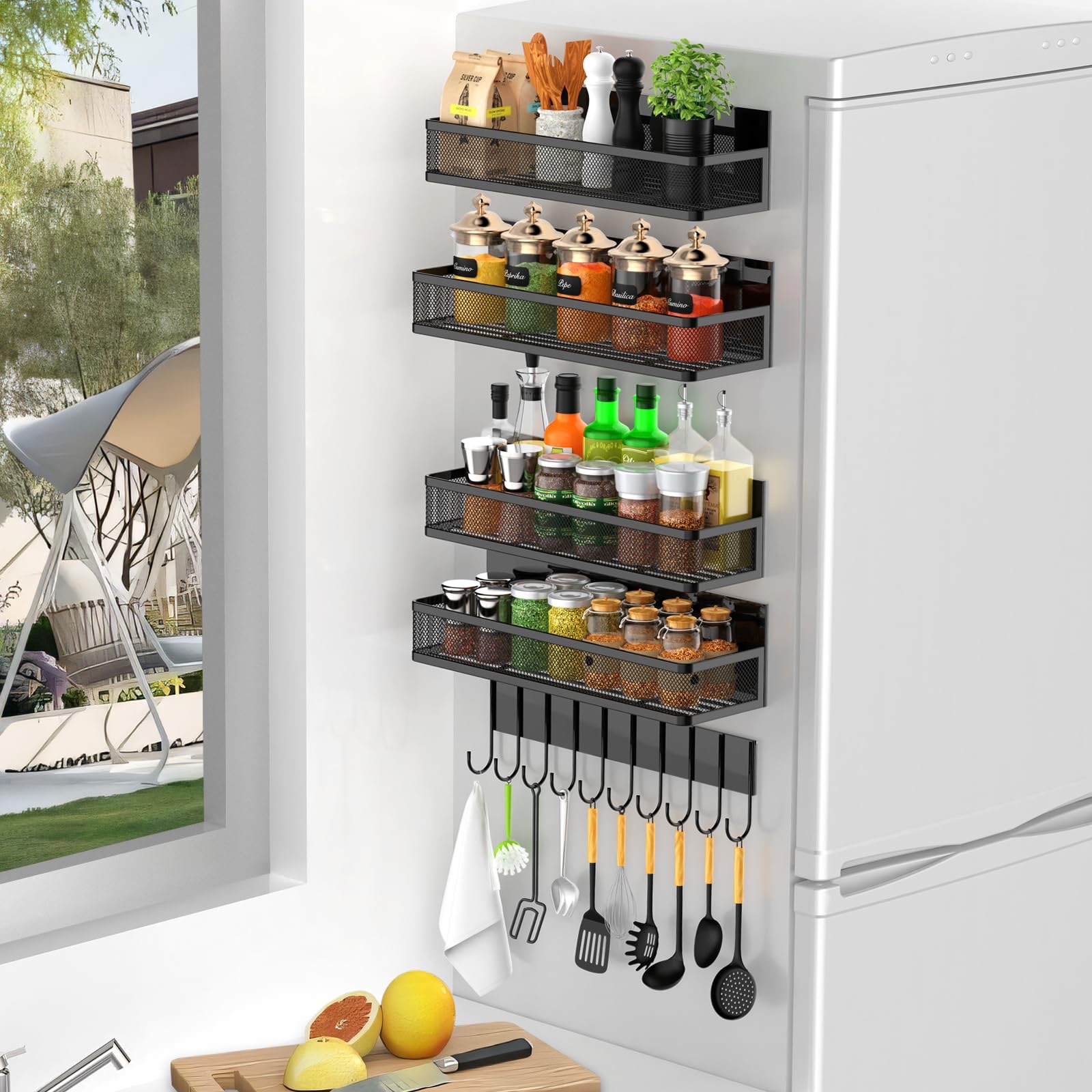 Rack de condimento de absorción negra Amazon hierro forjado sin perforación cocina refrigerador lateral condimento de absorción de almacenamiento rack