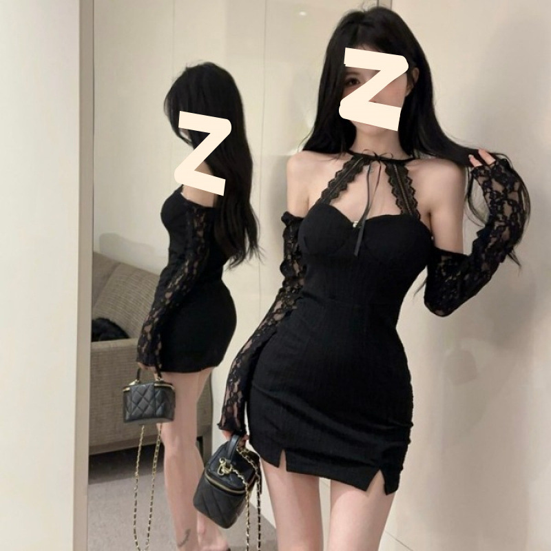 挂脖蕾丝吊带连衣裙女春秋名媛纯欲性感包臀短裙内搭袖套抹胸裙子
