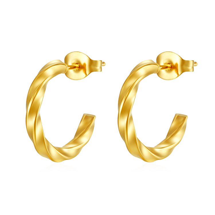 La tendencia de moda europea y americana torcida pendientes de acero inoxidable de mujer chapado en oro 18K redondo ligero lujoso sensación de alta calidad simple pendientes