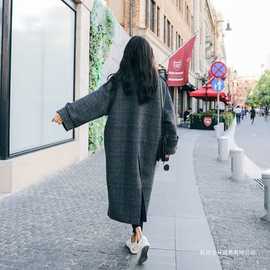 大码胖长款过膝毛呢外套女秋冬季显瘦千鸟格纹夹棉加厚呢子大衣