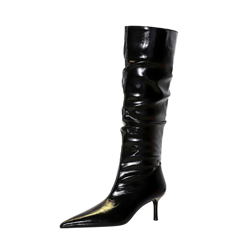 328-18 Vintage European And American Style Winter New Mid-Heel Stiletto Pointed Toe Patent Leather Wrinkled Surface_vogvips.com