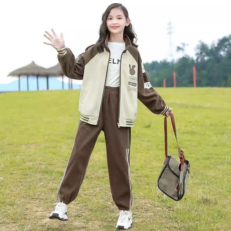 Girls' tracksuit, spring and autumn, stylish baseball jacket and sweatshirt two-piece set for older children.
