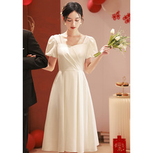 敬酒服新娘酒红纱袖日常可穿轻订婚礼服小个子法式裙子婚宴连衣裙