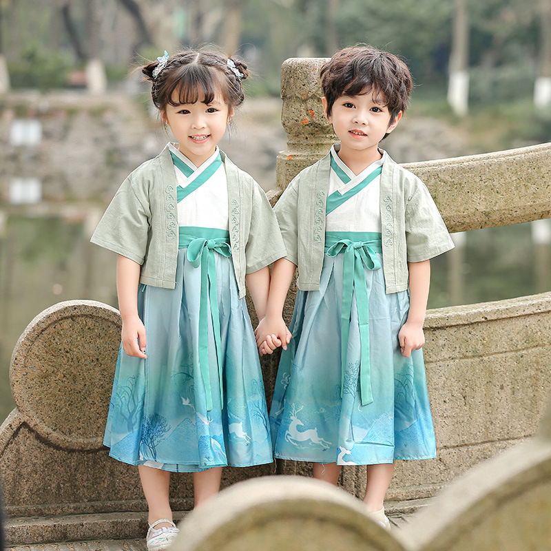 汉服男童儿童中国风国学服朗诵表演服装女童古装三字经书童演出服