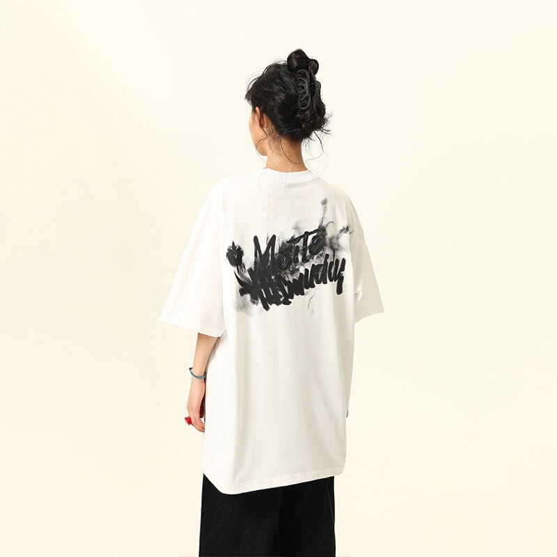 Digital Direct-Print American-Style Smoke Blur Letter Design Short-Sleeve T-Shirt Unisex Sports Casual Ins Top