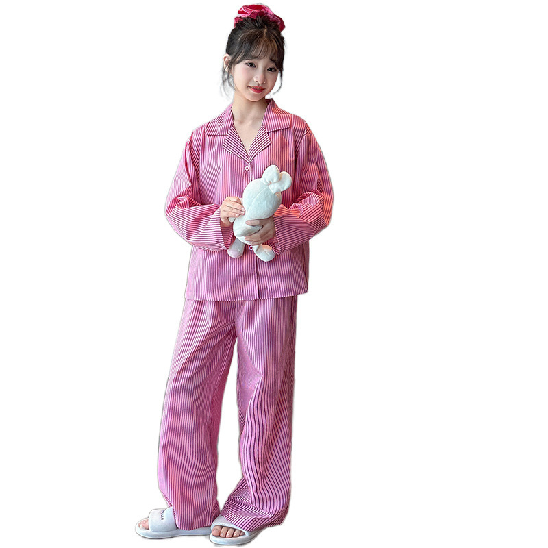 女童睡衣春秋2025新款长袖甜美可爱中大童条纹套装家居服套装|undefined