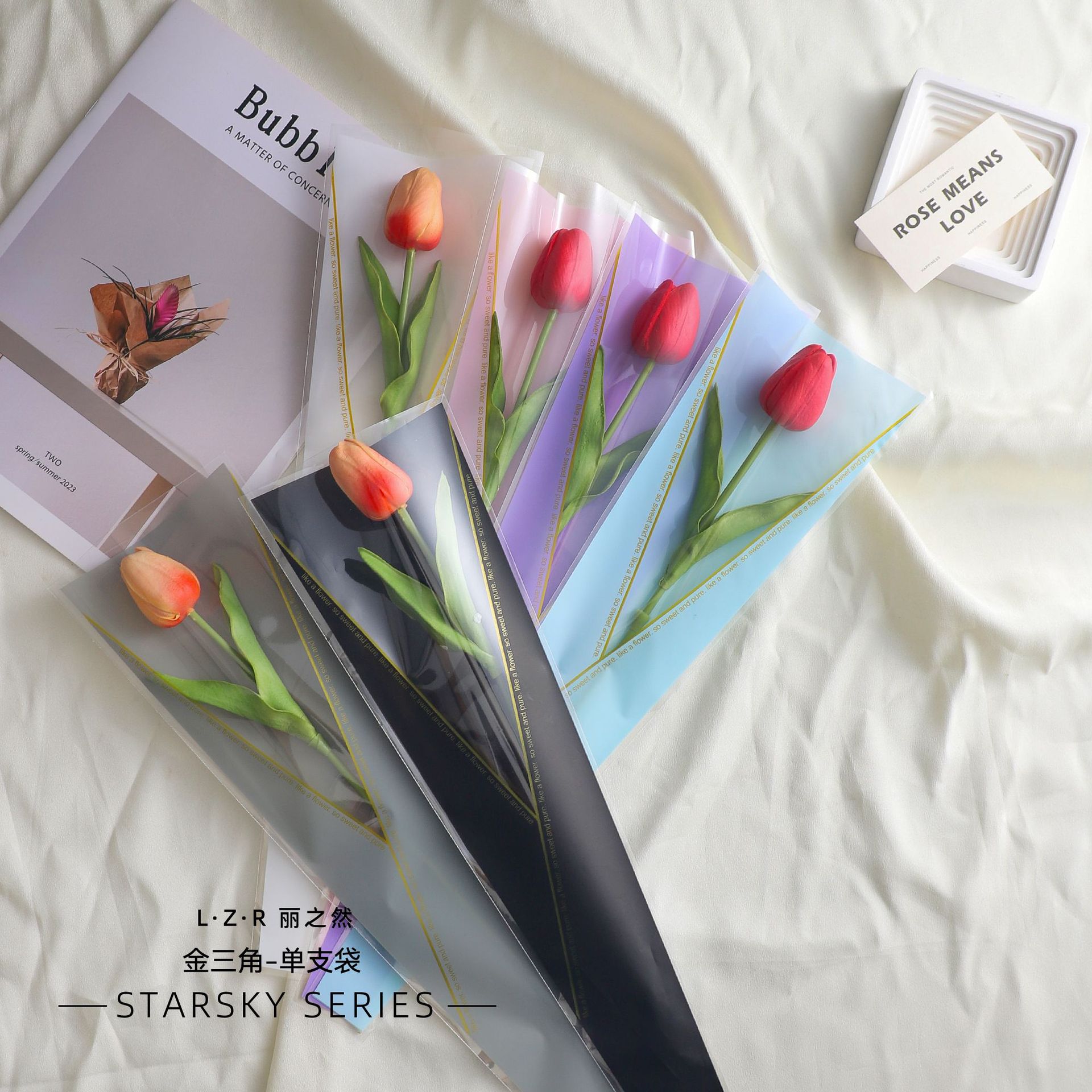 Festival de los maestros de Qixi triángulo de oro translúcido bolsas de rosas individuales embalaje de flores materiales de ramo