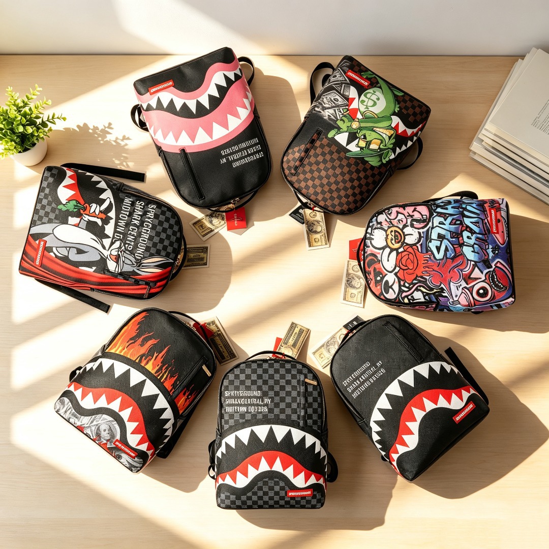 A collection of trendy everyday casual bags in various styles, available for wholesale and dropshipping. Also includes a shark-shaped backpack.