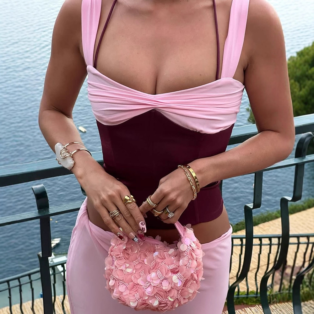 跨境外贸新品性感辣妹夜店风收腰鱼骨聚拢撞色拼接吊带小上衣147