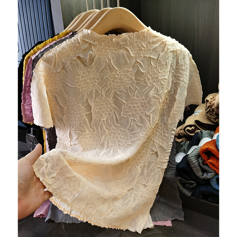 Lightweight Pleated Hand-Embroidered T-Shirt Women's Summer Classic All-Match Elegant Stretch Pleated Collar Small Shirt Top Lightweight Pleated Hand-Embroidered T-Shirt Women's Summer Classic All-Match Elegant Stretch Pleated Collar Small Shirt Top