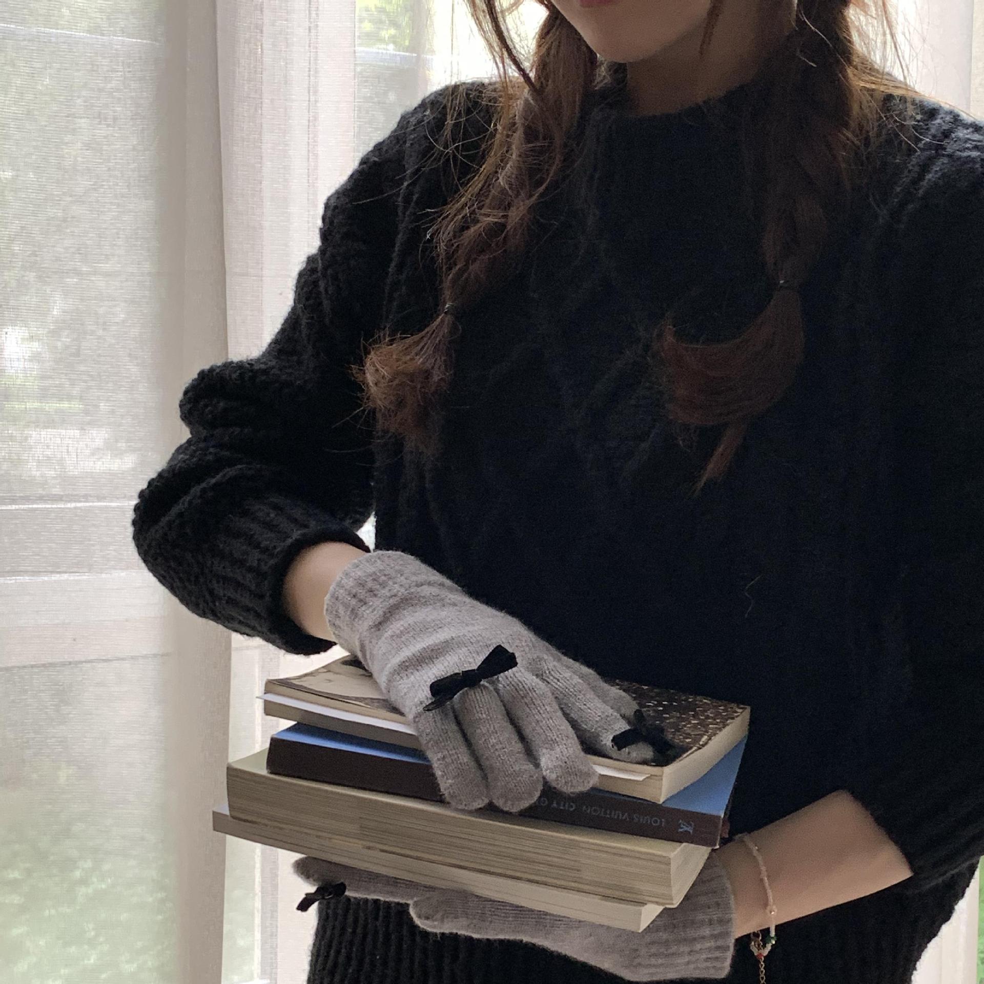 Chao lindo ~ Nuevo chic Otoño e Invierno lana de punto arco pantalla táctil a prueba de frío guantes de fuga de dedo caliente