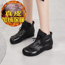 秋冬新款软皮单靴中老年软底皮靴民族风复古手工短靴软皮加绒女靴