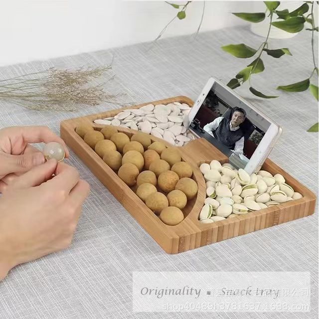 木质坚果盘家用客厅分隔零食盘带手机支架茶糖果点心碟竹木干果盘