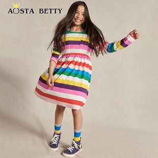 AostaBetty girls dress autumn fashion striped long sleeve children's skirt European and American style princess skirt a generation of hair