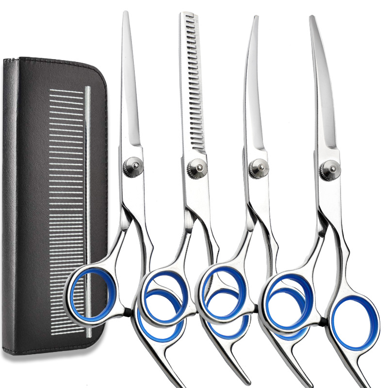 Fábrica al por mayor de acero inoxidable para mascotas tijeras de belleza conjunto profesional perro fino diente tijeras corte de pelo tijeras curvadas conjunto
