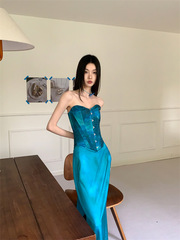 2025春の魚の骨の胸の服のサテンの魚の尾の半スカートのカバー