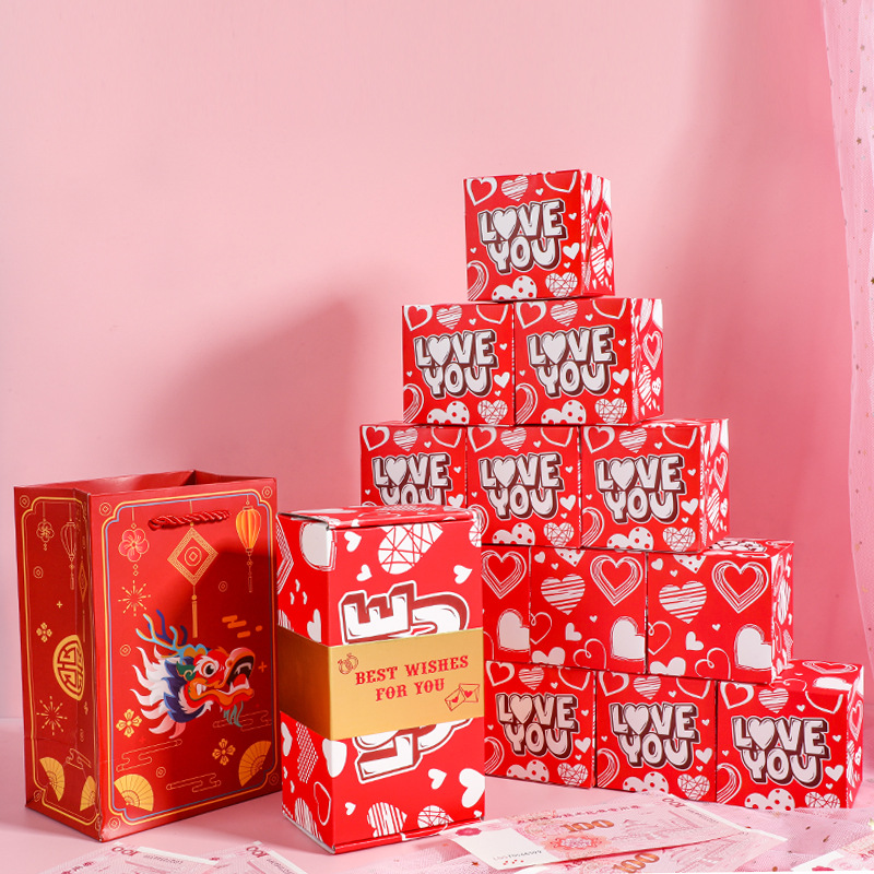 색상: 빨간색 최고의 WISHES; 사양: 6 개의 바운스 박스 + 선물 상자 + 선물 가방
