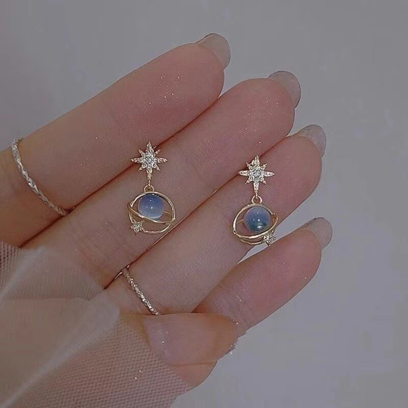 Universe star River s925 silver needle stud earrings 2023 new popular fresh blue opal earrings female Planet earrings