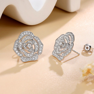 Internet Celebrity'S Same Camellia Full Diamond MoiSSanite EarringS S925 Sterling Silver Plated 18K Gold Earl Flower MoiSSanite EarringS for Women