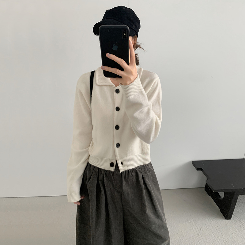 Tg Preppy Style Classic Lapel Sweater for Women 2025 Autum New Soft Waxy Pure Wool Knitted Short Cardigan 25839