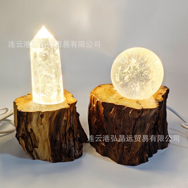 Natural Solid Wood Log Root Carving Lamp Holder Tree Section Wooden Section Crystal Column Base Ball Holder USB Plug-In DIY Night Light