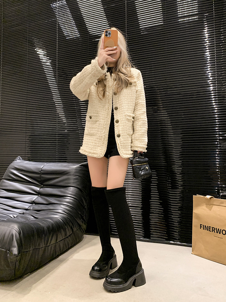 Small, thick soled, high-heeled, elastic, slim sock 2024 autumn and winter, retro Maillard knee high boots for women_voghion.com