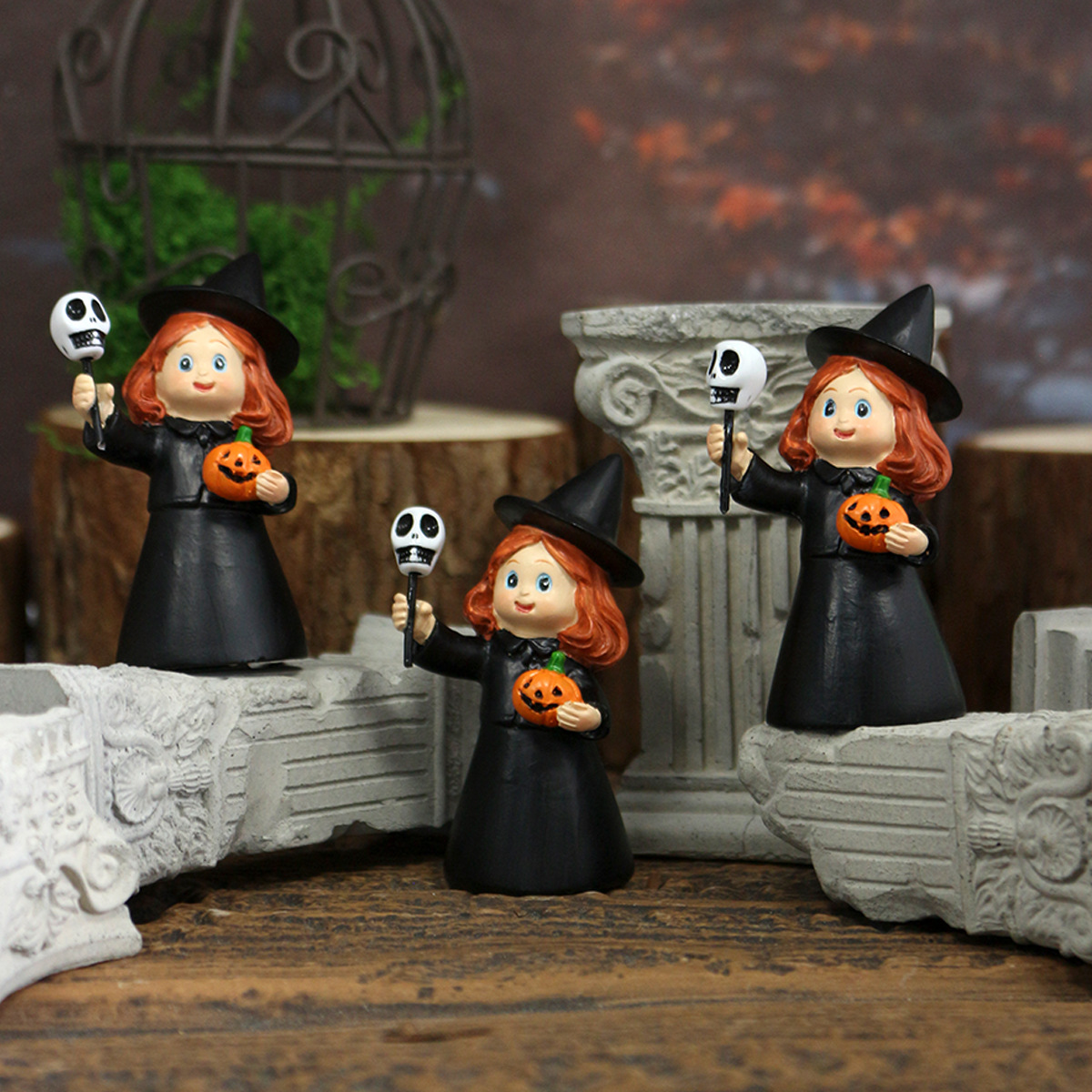 Halloween Decoration Scene Layout Props Little Witch Set of Three Creative Handheld Skeleton Ghost Head Witch Ornaments 