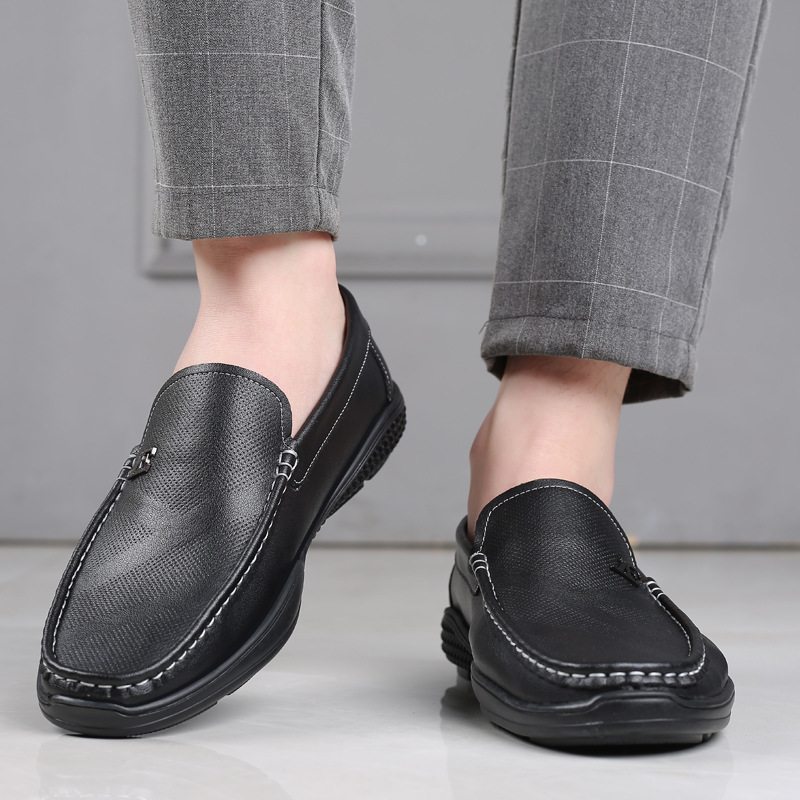 夏季男款纯色真皮皮鞋高级感穿搭橡胶平底豆豆鞋低帮透气皮鞋批发