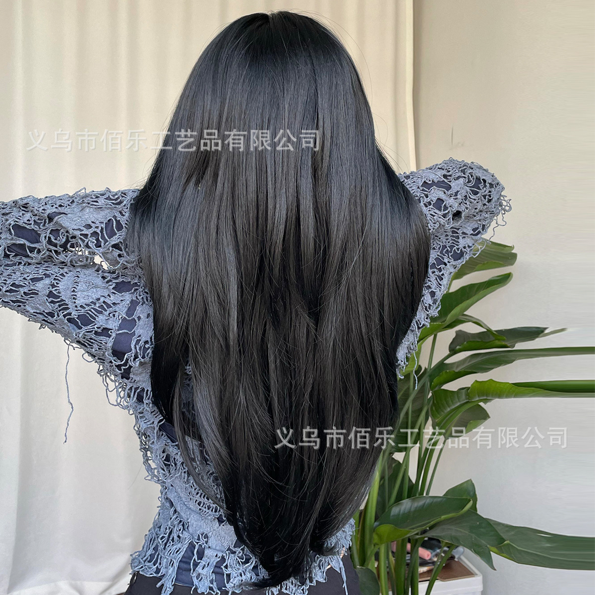 Transfronterizo negro natural de longitud media pelo liso fibra química peluca femenina europea y americana Comercio exterior nueva alta temperatura fábrica de seda al por mayor